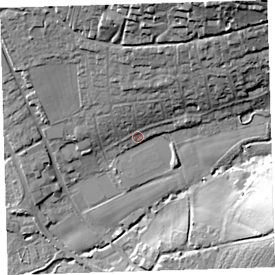 Shaded relief map of the ground around EX332HP, computed from Environment Agency LiDAR. The ground here sits at about 11 m above sea level and falls 35 m across the surrounding 800 m. Surface water reaching this point runs off ground lying to the north-north-east, 14.8 m higher.
