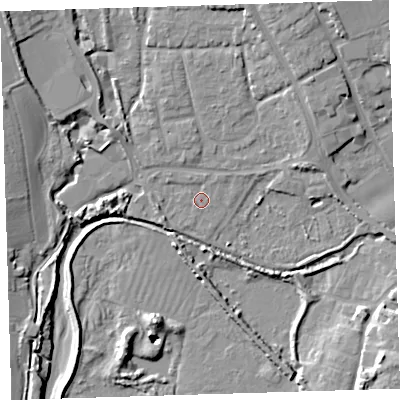Shaded relief map of the ground around EX332HU, computed from Environment Agency LiDAR. The ground here sits at about 6 m above sea level and falls 16 m across the surrounding 800 m. Surface water reaching this point runs off ground lying to the north-north-east, 1.2 m higher.