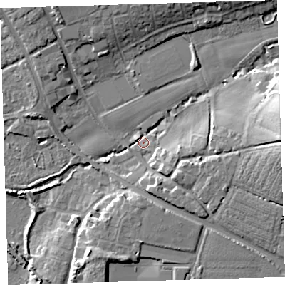 Shaded relief map of the ground around EX332HZ, computed from Environment Agency LiDAR. The ground here sits at about 7 m above sea level and falls 19 m across the surrounding 800 m. Surface water reaching this point runs off ground lying to the east, 17.7 m higher.
