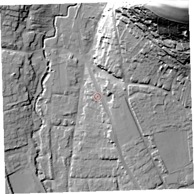 Shaded relief map of the ground around EX332JL, computed from Environment Agency LiDAR. The ground here sits at about 14 m above sea level and falls 89 m across the surrounding 800 m. Surface water reaching this point runs off ground lying to the east, 5.1 m higher.