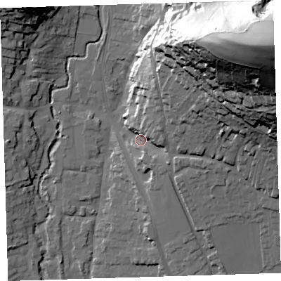 Shaded relief map of the ground around EX332JS, computed from Environment Agency LiDAR. The ground here sits at about 15 m above sea level and falls 90 m across the surrounding 800 m. Surface water reaching this point runs off ground lying to the north-east, 81.0 m higher.