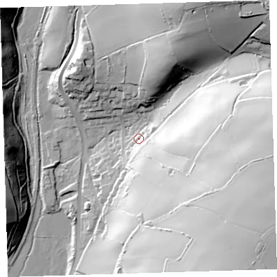Shaded relief map of the ground around EX332LJ, computed from Environment Agency LiDAR. The ground here sits at about 45 m above sea level and falls 89 m across the surrounding 800 m. Surface water reaching this point runs off ground lying to the south-east, 55.7 m higher.