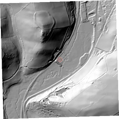 Shaded relief map of the ground around EX332LL, computed from Environment Agency LiDAR. The ground here sits at about 29 m above sea level and falls 93 m across the surrounding 800 m. Surface water reaching this point runs off ground lying to the north-west, 53.9 m higher.