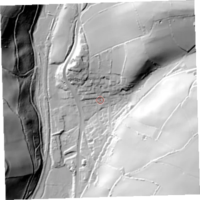 Shaded relief map of the ground around EX332LS, computed from Environment Agency LiDAR. The ground here sits at about 41 m above sea level and falls 85 m across the surrounding 800 m. Surface water reaching this point runs off ground lying to the north-east, 29.7 m higher.
