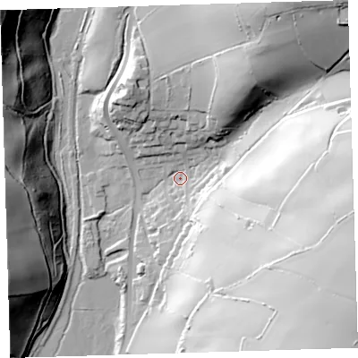 Shaded relief map of the ground around EX332LT, computed from Environment Agency LiDAR. The ground here sits at about 40 m above sea level and falls 87 m across the surrounding 800 m. Surface water reaching this point runs off ground lying to the south-east, 76.7 m higher.