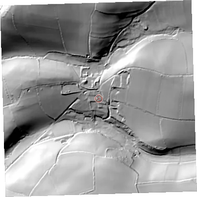 Shaded relief map of the ground around EX332LX, computed from Environment Agency LiDAR. The ground here sits at about 76 m above sea level and falls 72 m across the surrounding 800 m. Surface water reaching this point runs off ground lying to the north-east, 23.4 m higher.