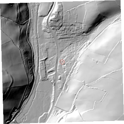 Shaded relief map of the ground around EX332LY, computed from Environment Agency LiDAR. The ground here sits at about 39 m above sea level and falls 90 m across the surrounding 800 m. Surface water reaching this point runs off ground lying to the east-south-east, 72.5 m higher.