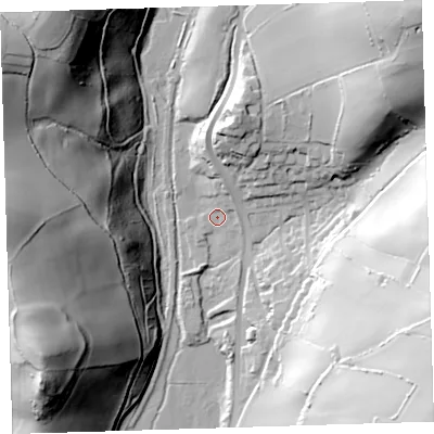 Shaded relief map of the ground around EX332LZ, computed from Environment Agency LiDAR. The ground here sits at about 36 m above sea level and falls 80 m across the surrounding 800 m. Surface water reaching this point runs off ground lying to the north, 24.8 m higher.