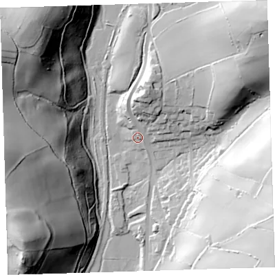 Shaded relief map of the ground around EX332NA, computed from Environment Agency LiDAR. The ground here sits at about 40 m above sea level and falls 79 m across the surrounding 800 m. Surface water reaching this point runs off ground lying to the north, 20.0 m higher.