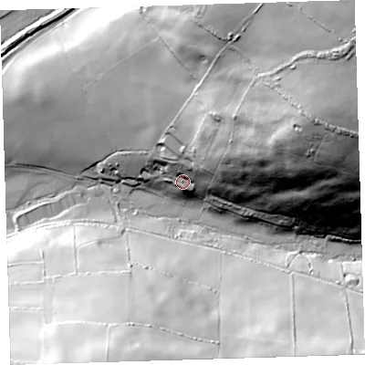 Shaded relief map of the ground around EX332NQ, computed from Environment Agency LiDAR. The ground here sits at about 73 m above sea level and falls 99 m across the surrounding 800 m. Surface water reaching this point runs off ground lying to the east-north-east, 75.0 m higher.