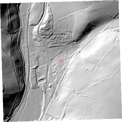 Shaded relief map of the ground around EX332NR, computed from Environment Agency LiDAR. The ground here sits at about 41 m above sea level and falls 88 m across the surrounding 800 m. Surface water reaching this point runs off ground lying to the east-south-east, 50.1 m higher.