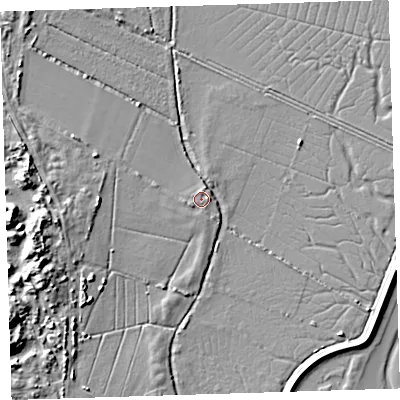 Shaded relief map of the ground around EX332NX, computed from Environment Agency LiDAR. The ground here sits at about 6 m above sea level and falls 17 m across the surrounding 800 m. Surface water reaching this point runs off ground lying to the west-north-west, 1.7 m higher.