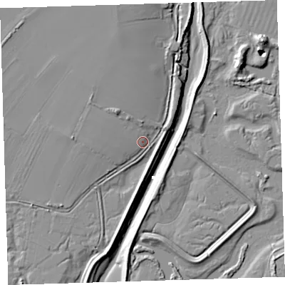 Shaded relief map of the ground around EX332NY, computed from Environment Agency LiDAR. The ground here sits at about 5 m above sea level and falls 12 m across the surrounding 800 m. Surface water reaching this point runs off ground lying to the north-west, 5.4 m higher.
