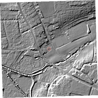 Shaded relief map of the ground around EX332PA, computed from Environment Agency LiDAR. The ground here sits at about 7 m above sea level and falls 17 m across the surrounding 800 m. Surface water reaching this point runs off ground lying to the north-west, 3.4 m higher.