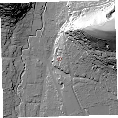 Shaded relief map of the ground around EX332PB, computed from Environment Agency LiDAR. The ground here sits at about 20 m above sea level and falls 89 m across the surrounding 800 m. Surface water reaching this point runs off ground lying to the north-east, 69.0 m higher.