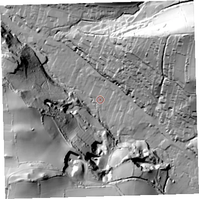 Shaded relief map of the ground around EX340AE, computed from Environment Agency LiDAR. The ground here sits at about 15 m above sea level and falls 103 m across the surrounding 800 m. Surface water reaching this point runs off ground lying to the south-west, 93.0 m higher.