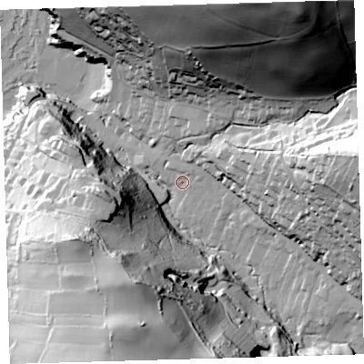 Shaded relief map of the ground around EX340AF, computed from Environment Agency LiDAR. The ground here sits at about 13 m above sea level and falls 108 m across the surrounding 800 m. Surface water reaching this point runs off ground lying to the east-north-east, 5.5 m higher.