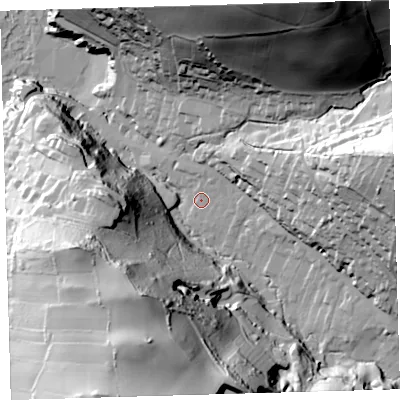 Shaded relief map of the ground around EX340AJ, computed from Environment Agency LiDAR. The ground here sits at about 13 m above sea level and falls 100 m across the surrounding 800 m. Surface water reaching this point runs off ground lying to the east-north-east, 22.8 m higher.
