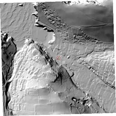 Shaded relief map of the ground around EX340AN, computed from Environment Agency LiDAR. The ground here sits at about 9 m above sea level and falls 117 m across the surrounding 800 m. Surface water reaching this point runs off ground lying to the south, 75.2 m higher.