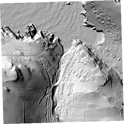 Shaded relief map of the ground around EX340AP, computed from Environment Agency LiDAR. The ground here sits at about 15 m above sea level and falls 134 m across the surrounding 800 m. Surface water reaching this point runs off ground lying to the west, 108.0 m higher.