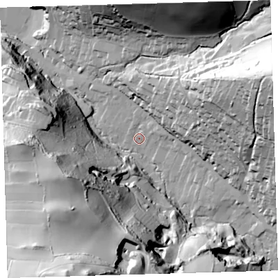 Shaded relief map of the ground around EX340AQ, computed from Environment Agency LiDAR. The ground here sits at about 14 m above sea level and falls 102 m across the surrounding 800 m. Surface water reaching this point runs off ground lying to the east-north-east, 51.0 m higher.