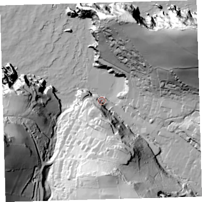 Shaded relief map of the ground around EX340AW, computed from Environment Agency LiDAR. The ground here sits at about 10 m above sea level and falls 114 m across the surrounding 800 m. Surface water reaching this point runs off ground lying to the north-east, 113.3 m higher.
