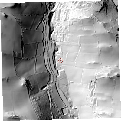 Shaded relief map of the ground around EX340AZ, computed from Environment Agency LiDAR. The ground here sits at about 34 m above sea level and falls 160 m across the surrounding 800 m. Surface water reaching this point runs off ground lying to the east, 50.8 m higher.