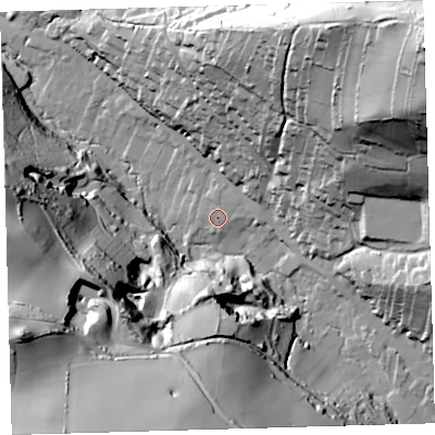 Shaded relief map of the ground around EX340BD, computed from Environment Agency LiDAR. The ground here sits at about 20 m above sea level and falls 105 m across the surrounding 800 m. Surface water reaching this point runs off ground lying to the north-east, 94.5 m higher.