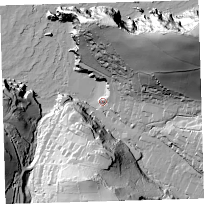 Shaded relief map of the ground around EX340DJ, computed from Environment Agency LiDAR. The ground here sits at about 10 m above sea level and falls 118 m across the surrounding 800 m. Surface water reaching this point runs off ground lying to the north-east, 108.7 m higher.