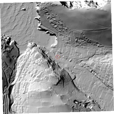 Shaded relief map of the ground around EX340DQ, computed from Environment Agency LiDAR. The ground here sits at about 8 m above sea level and falls 117 m across the surrounding 800 m. Surface water reaching this point runs off ground lying to the north-east, 111.9 m higher.
