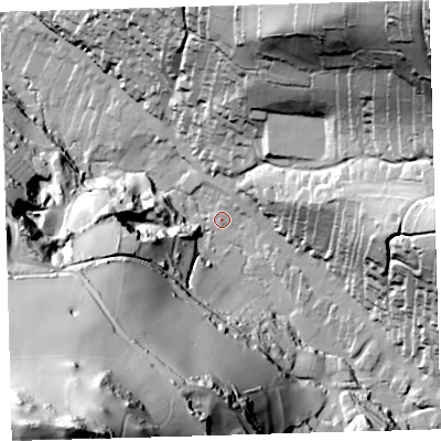Shaded relief map of the ground around EX340EH, computed from Environment Agency LiDAR. The ground here sits at about 21 m above sea level and falls 133 m across the surrounding 800 m. Surface water reaching this point runs off ground lying to the south-south-west, 123.2 m higher.