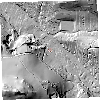 Shaded relief map of the ground around EX340EJ, computed from Environment Agency LiDAR. The ground here sits at about 20 m above sea level and falls 133 m across the surrounding 800 m. Surface water reaching this point runs off ground lying to the south-west, 123.2 m higher.