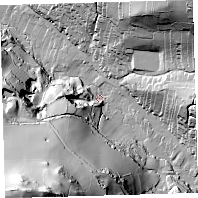Shaded relief map of the ground around EX340EL, computed from Environment Agency LiDAR. The ground here sits at about 21 m above sea level and falls 134 m across the surrounding 800 m. Surface water reaching this point runs off ground lying to the south-south-west, 126.4 m higher.