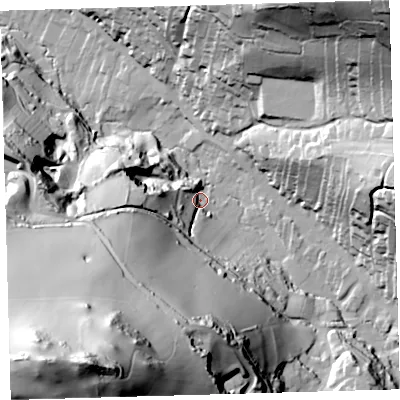 Shaded relief map of the ground around EX340ES, computed from Environment Agency LiDAR. The ground here sits at about 23 m above sea level and falls 133 m across the surrounding 800 m. Surface water reaching this point runs off ground lying to the south-west, 124.5 m higher.