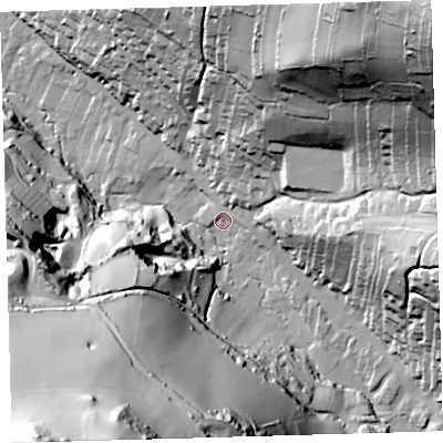 Shaded relief map of the ground around EX340ET, computed from Environment Agency LiDAR. The ground here sits at about 21 m above sea level and falls 127 m across the surrounding 800 m. Surface water reaching this point runs off ground lying to the north-east, 107.5 m higher.