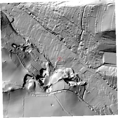 Shaded relief map of the ground around EX340EY, computed from Environment Agency LiDAR. The ground here sits at about 18 m above sea level and falls 101 m across the surrounding 800 m. Surface water reaching this point runs off ground lying to the south-south-west, 90.3 m higher.