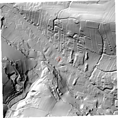 Shaded relief map of the ground around EX340HX, computed from Environment Agency LiDAR. The ground here sits at about 29 m above sea level and falls 96 m across the surrounding 800 m. Surface water reaching this point runs off ground lying to the north-east, 16.2 m higher.