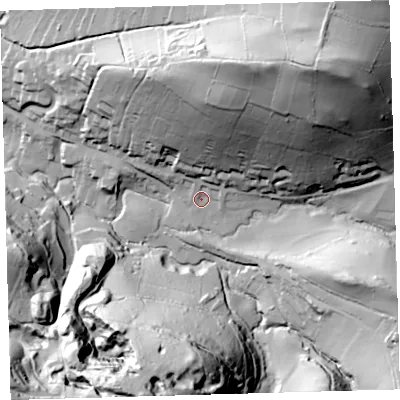 Shaded relief map of the ground around EX340LD, computed from Environment Agency LiDAR. The ground here sits at about 45 m above sea level and falls 111 m across the surrounding 800 m. Surface water reaching this point runs off ground lying to the north-north-east, 76.2 m higher.