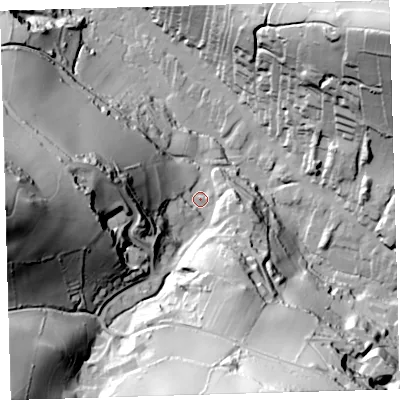 Shaded relief map of the ground around EX340LE, computed from Environment Agency LiDAR. The ground here sits at about 36 m above sea level and falls 109 m across the surrounding 800 m. Surface water reaching this point runs off ground lying to the west, 92.4 m higher.