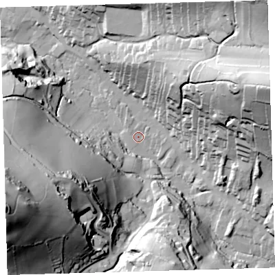 Shaded relief map of the ground around EX340LG, computed from Environment Agency LiDAR. The ground here sits at about 25 m above sea level and falls 118 m across the surrounding 800 m. Surface water reaching this point runs off ground lying to the north-east, 2.3 m higher.