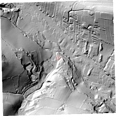 Shaded relief map of the ground around EX340LJ, computed from Environment Agency LiDAR. The ground here sits at about 37 m above sea level and falls 99 m across the surrounding 800 m. Surface water reaching this point runs off ground lying to the west, 85.0 m higher.