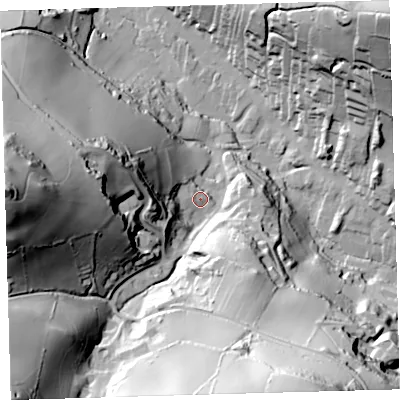 Shaded relief map of the ground around EX340LN, computed from Environment Agency LiDAR. The ground here sits at about 40 m above sea level and falls 116 m across the surrounding 800 m. Surface water reaching this point runs off ground lying to the west, 26.4 m higher.