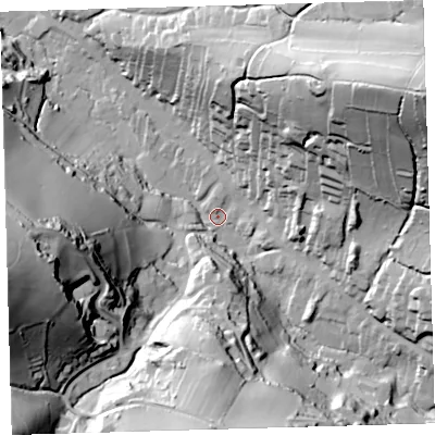 Shaded relief map of the ground around EX340LQ, computed from Environment Agency LiDAR. The ground here sits at about 26 m above sea level and falls 91 m across the surrounding 800 m. Surface water reaching this point runs off ground lying to the east-north-east, 82.7 m higher.