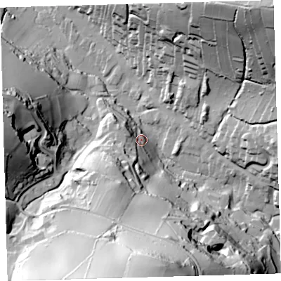 Shaded relief map of the ground around EX340LR, computed from Environment Agency LiDAR. The ground here sits at about 38 m above sea level and falls 98 m across the surrounding 800 m. Surface water reaching this point runs off ground lying to the south-south-west, 42.3 m higher.