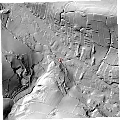 Shaded relief map of the ground around EX340LT, computed from Environment Agency LiDAR. The ground here sits at about 29 m above sea level and falls 91 m across the surrounding 800 m. Surface water reaching this point runs off ground lying to the north-east, 83.4 m higher.