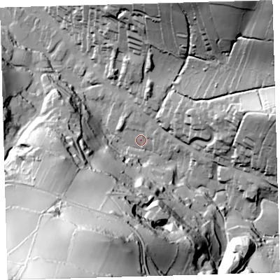 Shaded relief map of the ground around EX340LU, computed from Environment Agency LiDAR. The ground here sits at about 32 m above sea level and falls 120 m across the surrounding 800 m. Surface water reaching this point runs off ground lying to the south-south-west, 101.9 m higher.