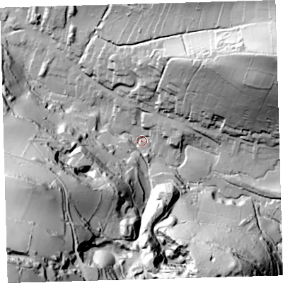 Shaded relief map of the ground around EX340LY, computed from Environment Agency LiDAR. The ground here sits at about 35 m above sea level and falls 146 m across the surrounding 800 m. Surface water reaching this point runs off ground lying to the south-west, 139.0 m higher.