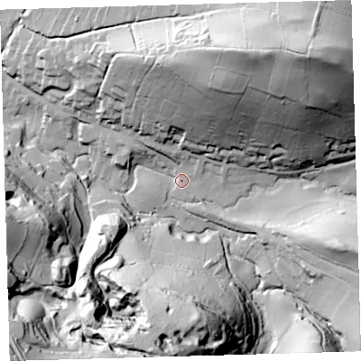 Shaded relief map of the ground around EX340NA, computed from Environment Agency LiDAR. The ground here sits at about 42 m above sea level and falls 108 m across the surrounding 800 m. Surface water reaching this point runs off ground lying to the north-east, 93.3 m higher.