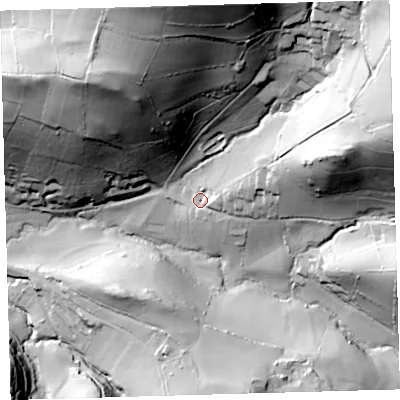 Shaded relief map of the ground around EX340NL, computed from Environment Agency LiDAR. The ground here sits at about 63 m above sea level and falls 106 m across the surrounding 800 m. Surface water reaching this point runs off ground lying to the east, 12.0 m higher.