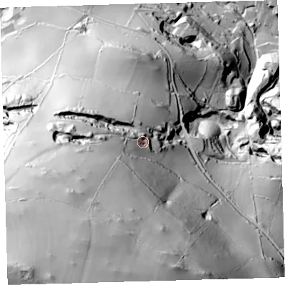 Shaded relief map of the ground around EX340NS, computed from Environment Agency LiDAR. The ground here sits at about 148 m above sea level and falls 217 m across the surrounding 800 m. Surface water reaching this point runs off ground lying to the south-south-west, 94.3 m higher.